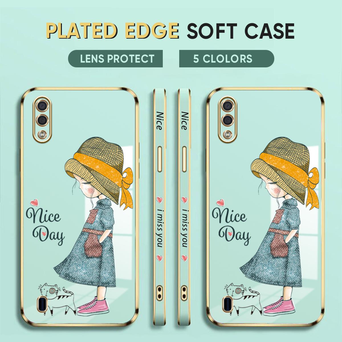 For Samsung Galaxy A01 Back Cover Luxury 6D Plating Lovly Girl Side Pattern Soft Silicone Square Mobile Phone Case