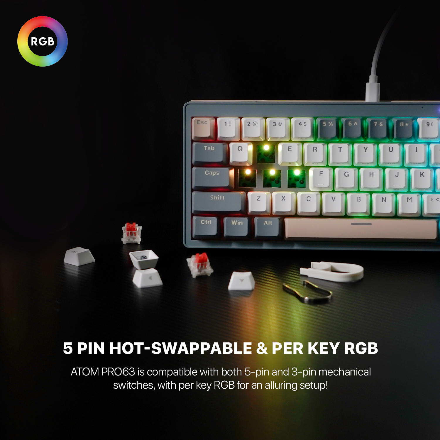 FANTECH MK912 ATOM PRO63 RGB Mechanical Gaming Keyboard Mercury Black & Saturn Grey Layout Red Switch & Blue Switch. 