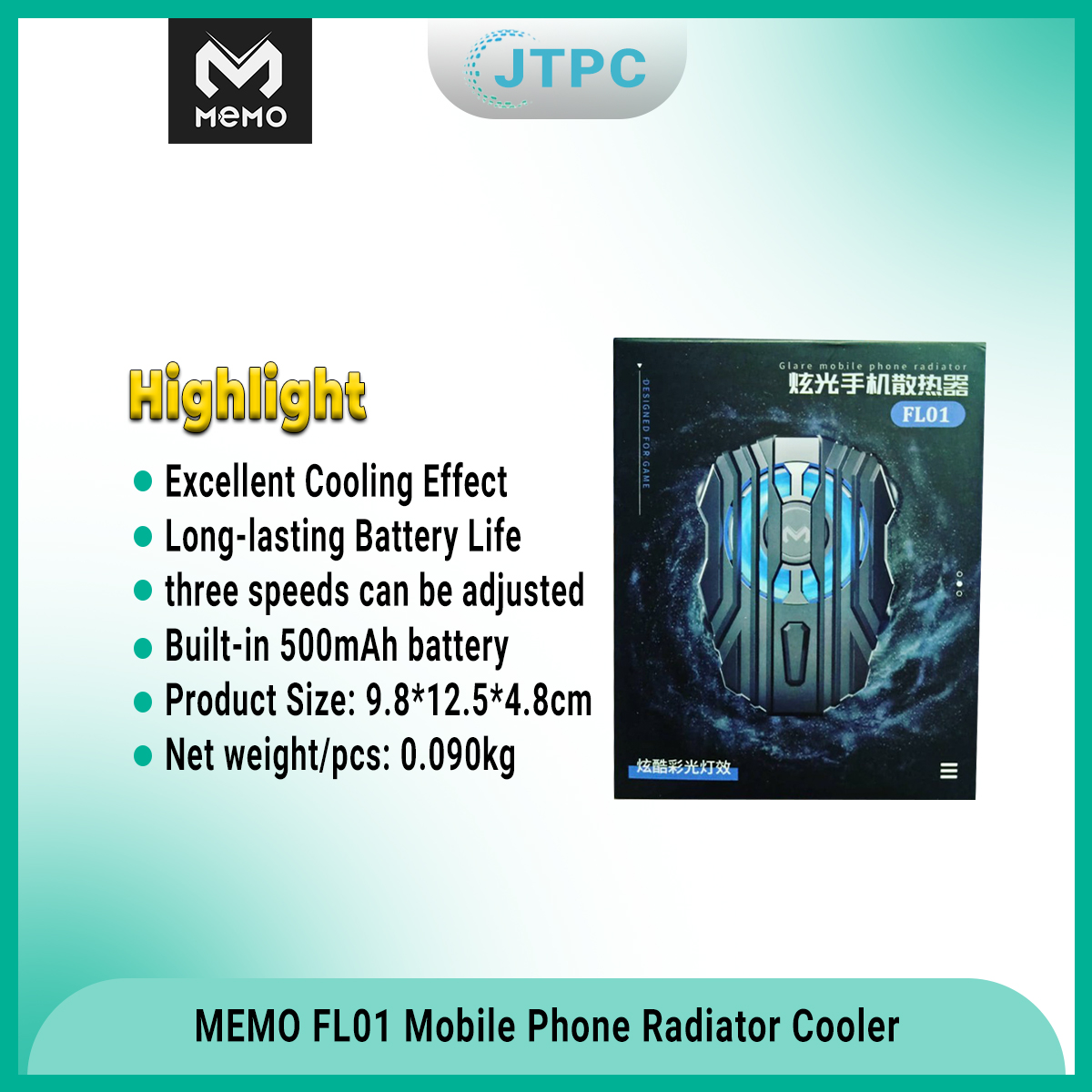 Memo FL01 Mobile Phone Radiator Cold Mobile Phone Cooler Controller Led Light Cooling Fan - Black. 