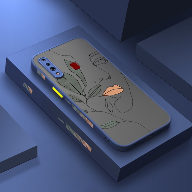 For Samsung Galaxy a20s case with simple art face frosted transparent hard cover soft side edge square silicone case full back cover camera new design English case shockproof protection case. 