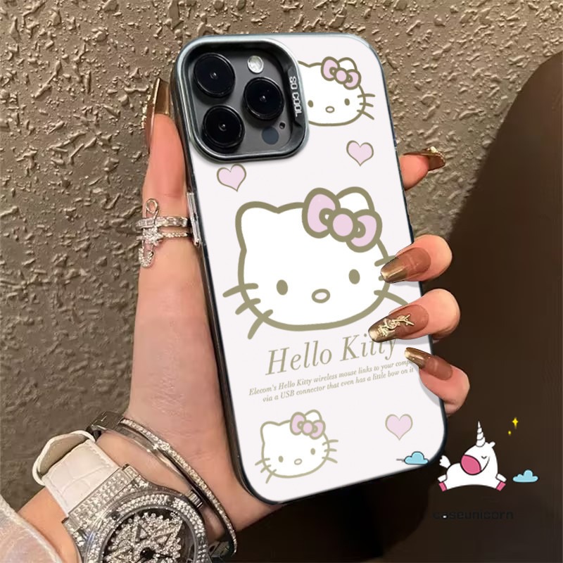 Trend Brand Cartoon Cute Hello Kitty Doodle Love Heart Case Compatible for IPhone 11 12 14 15 13 Pro Max 7Plus XR XS Max X 14 15 7 8 Plus SE2020 Luxury Plating Metal Lens Soft Case