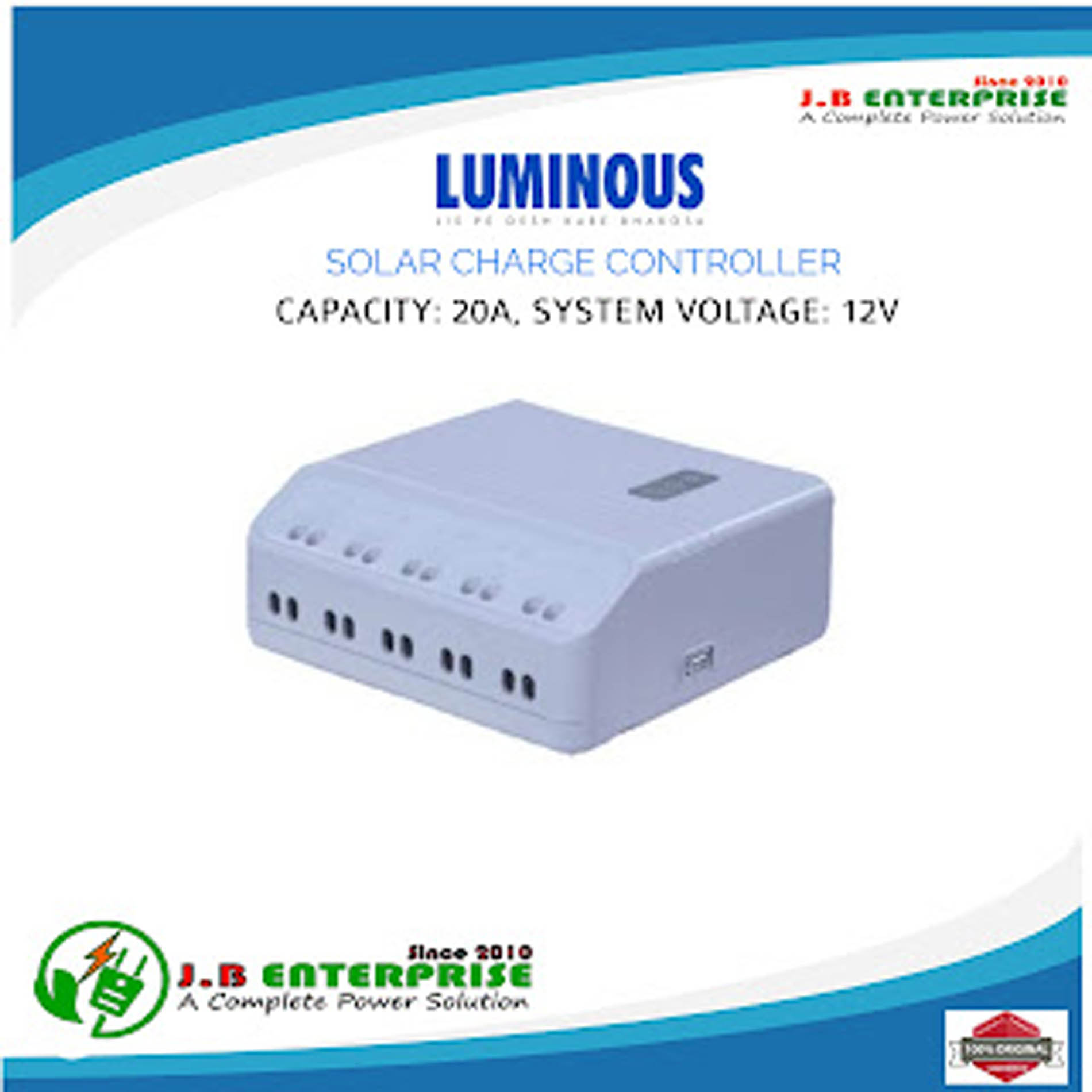 LUMINOUS SOLAR CHARGE CONTROLLER 20A 12V & 24V AUTOMATIC WITH USB MOBILE CHARGER , AUTO NIGHT MOODE AND AUTO HIGH CUT LOW CUT TECHONOLOGY