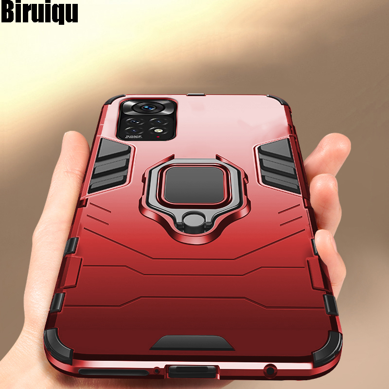 Biruiqu For Redmi Note 11 Pro Soft TPU+Hard PC Black Panther Shockproof Slim Protective Case Cover with Kickstand