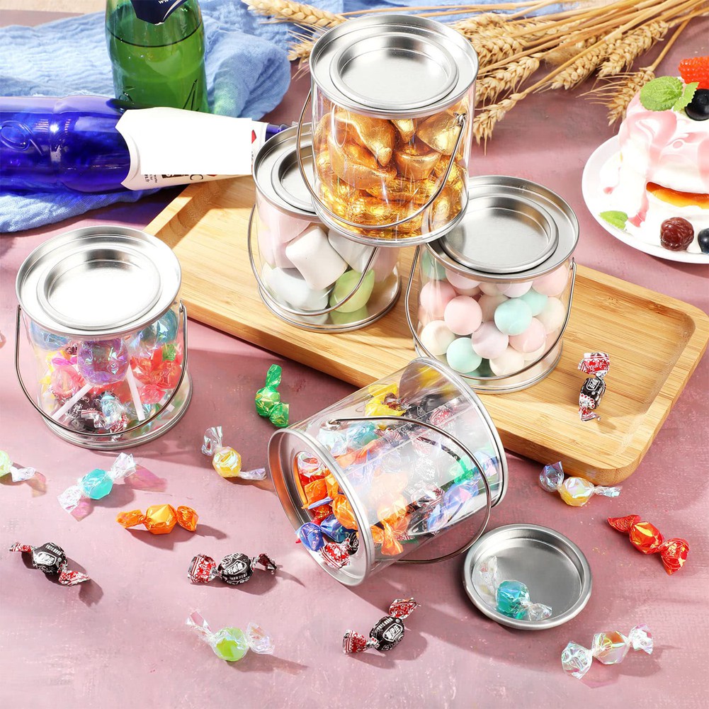 Paint Bucket Clear Bucket with Metal Lids and Handle Decorative Clear Plastic Bucket Storage Clear Paint Can 8 Pack. 