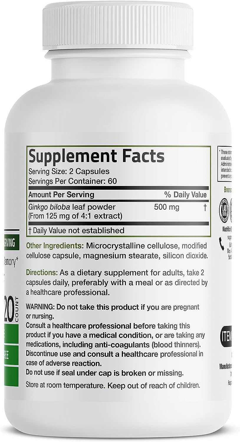 Bronson Ginkgo Biloba 500mg Extra Strength Supports Brain Function & Memory Support, 120 Vegetarian Capsules. 