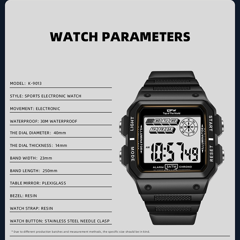 Shock Resistant Digital Watch - 3ATM Water Resistant Rectangular Dial. 