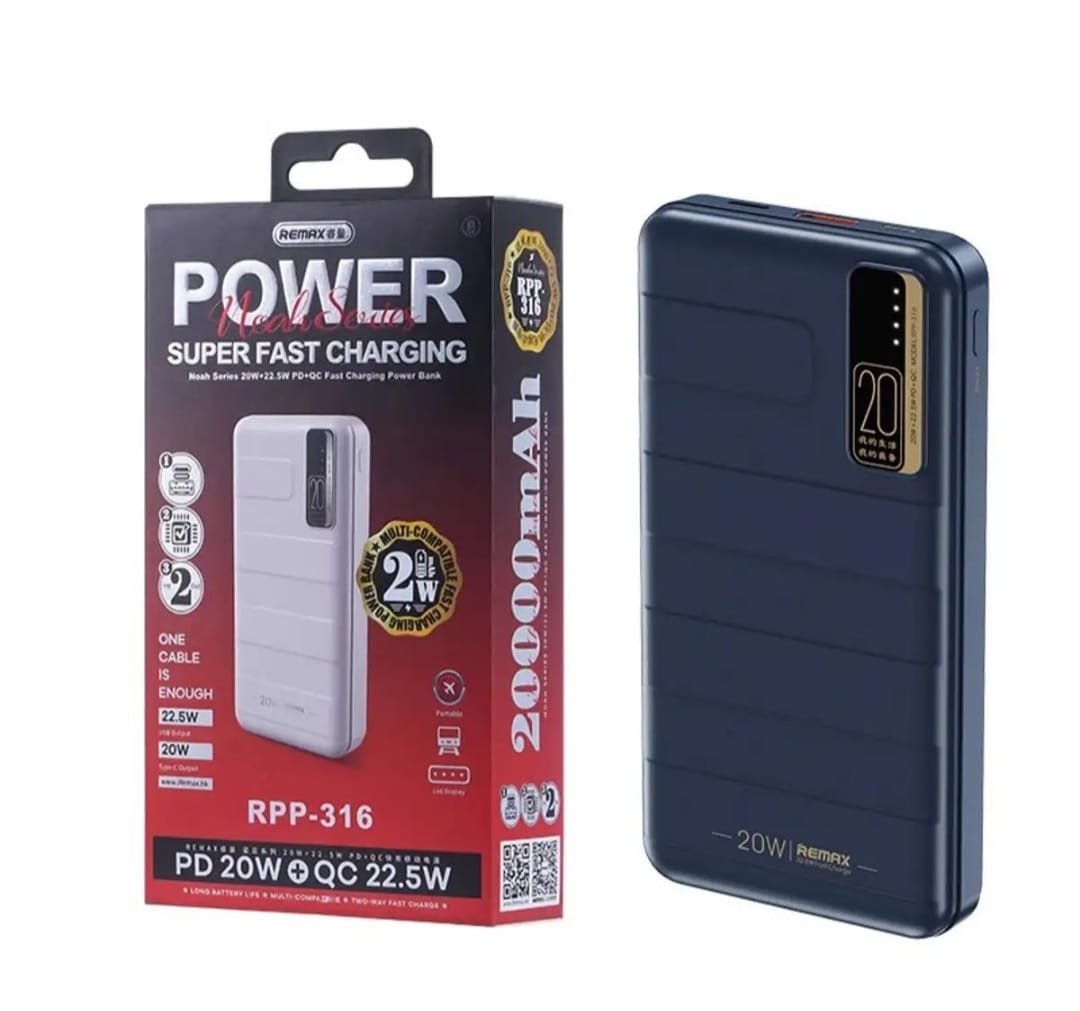 REMAX RPP-316 20000MAH MULTI COMPATIBLE FAST CHARGING POWER BANK PD20W QC22.5W WITH 3 INPUTS 2 OUTPUTS