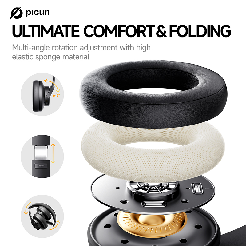 Picun B8 Bluetooth Headphones, 120 Hours Headset Wireless, 3EQ Game Mode, Hands-Free Calls, Travel Home Office Cellphone PC. 
