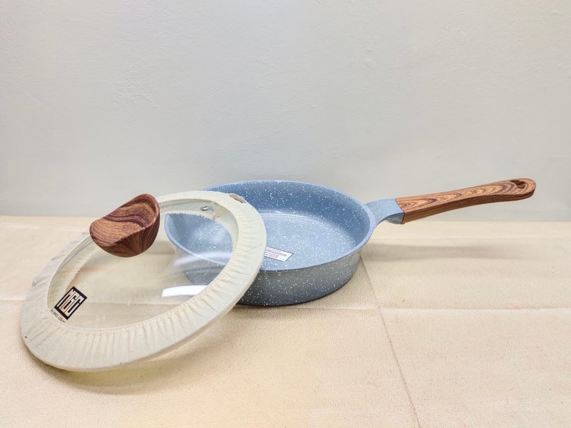 Mgc Marble Granite Non-Stick Anti Scratch Frying Pan 24Cm With Lid & Wood Handle. Deep Fry Pan With Glass Lid. C:P500. 