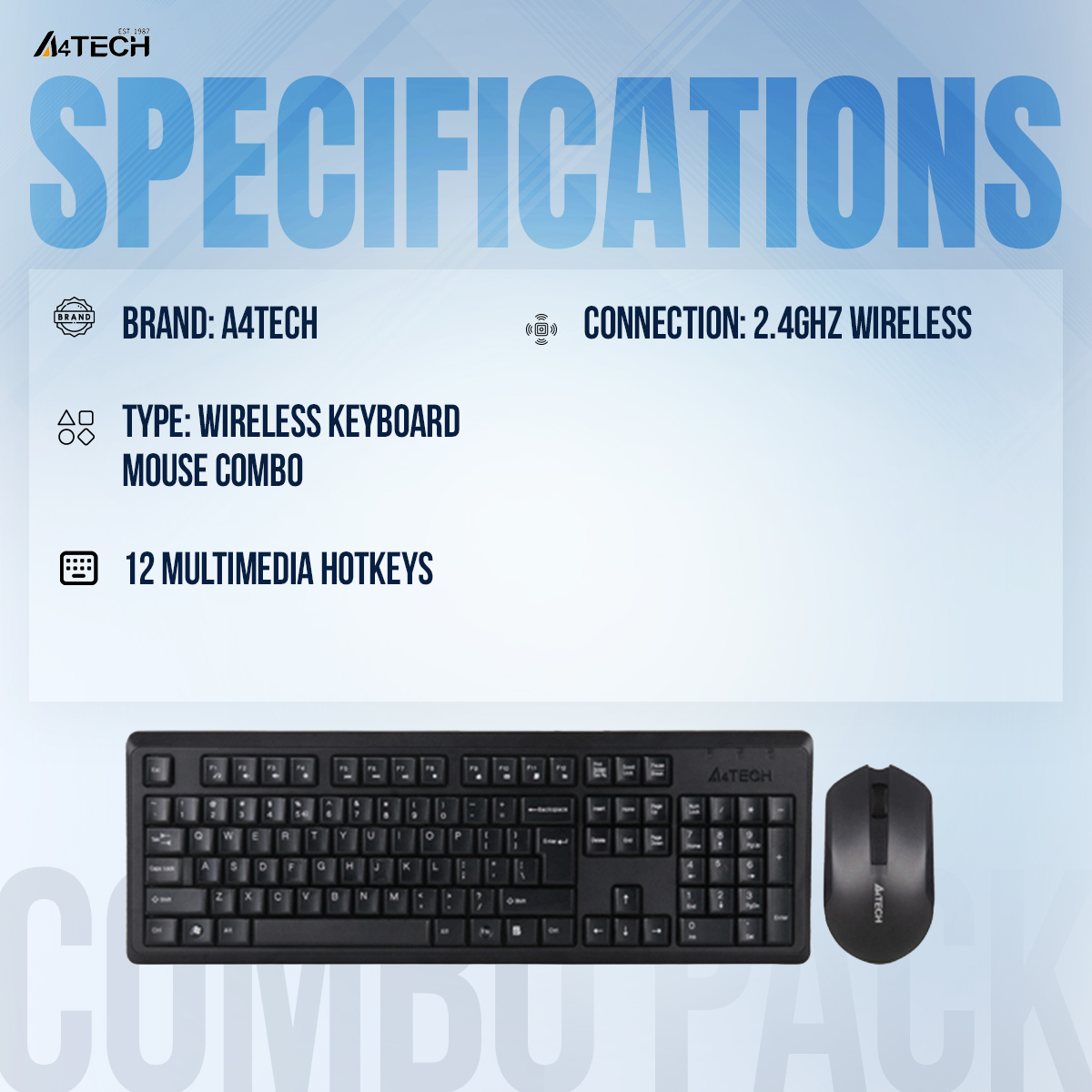 A4TECH 4200N Wireless Keyboard Mouse Combo - 2.4G Wireless - 12 Multimedia Hotkeys - 1000 DPI - For PC/Laptop - Black. 