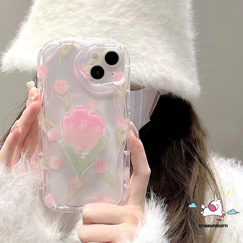 Pink Tulip Flower Stand Holder Iphone Case Compatiable For Realme C35 C55 C11 C25 C25Y C21Y 9i 7i 5i 6i 5 5s C20 C31 C17 C20A C25s C12 C33 C30 C3 C15 C1 C21 3D Wavy Curved Edge Soft Cover. 