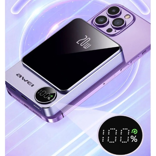 AWEI P39K 15W Wireless Magnetic 10000mAh Power Bank 22.5W 5A PD 20W Super Fast Charging with Digital Display. 