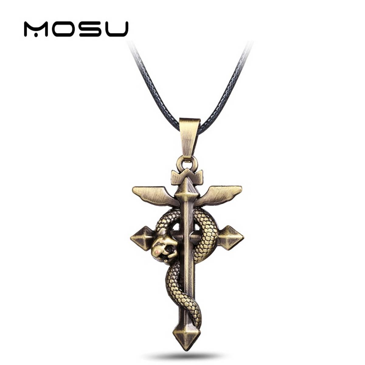 【VisioN Shop】MOSU Anime Fullmetal Alchemist Bronze Necklace Cross Snake Pendant Cosplay Accessories Jewelry can
