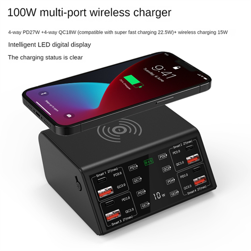 Multi-Port Cell Phone Charger Power Compatible Led Intelligent Digital Display Screen 4-Way Charger Black ,with US Plug. 