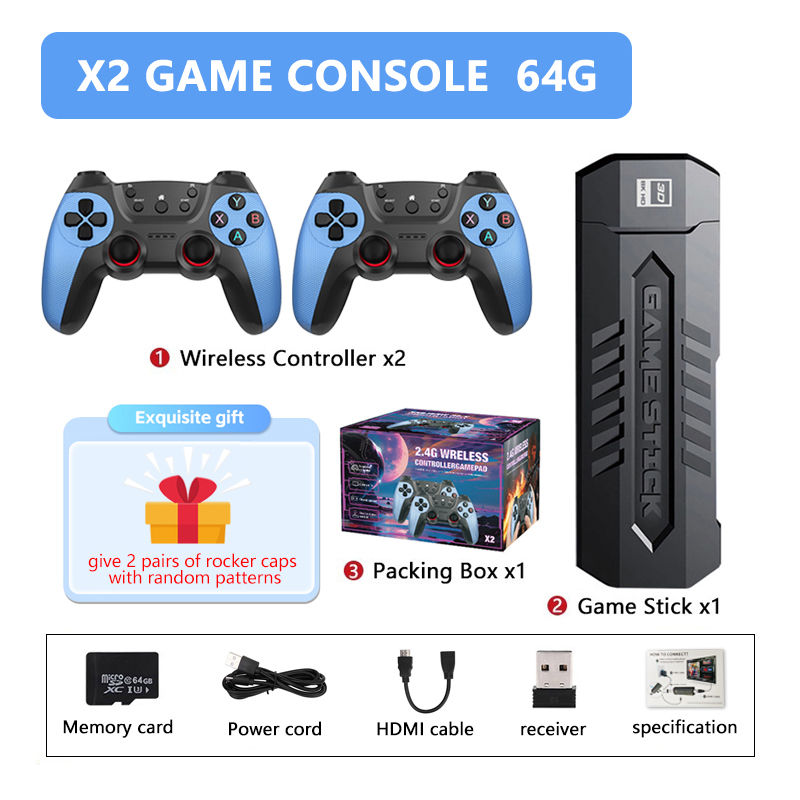 New X2 Game Stick 4K 3D HD Retro Video Game Console Wireless Controller TV Game Play 256G 58000 Retro Games Children Gift. 