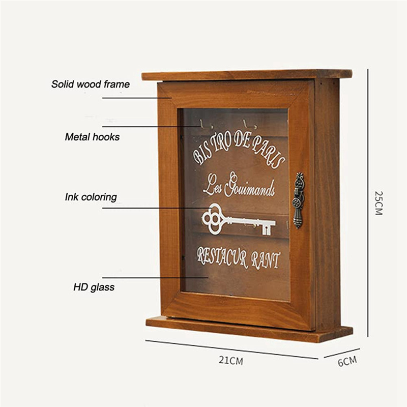 Wooden Key Box, Retro, Wall, Key Cabinet with Magnetic Door, Solid Wood Storage with 6 Hooks Easy Install Easy to Use -B. 