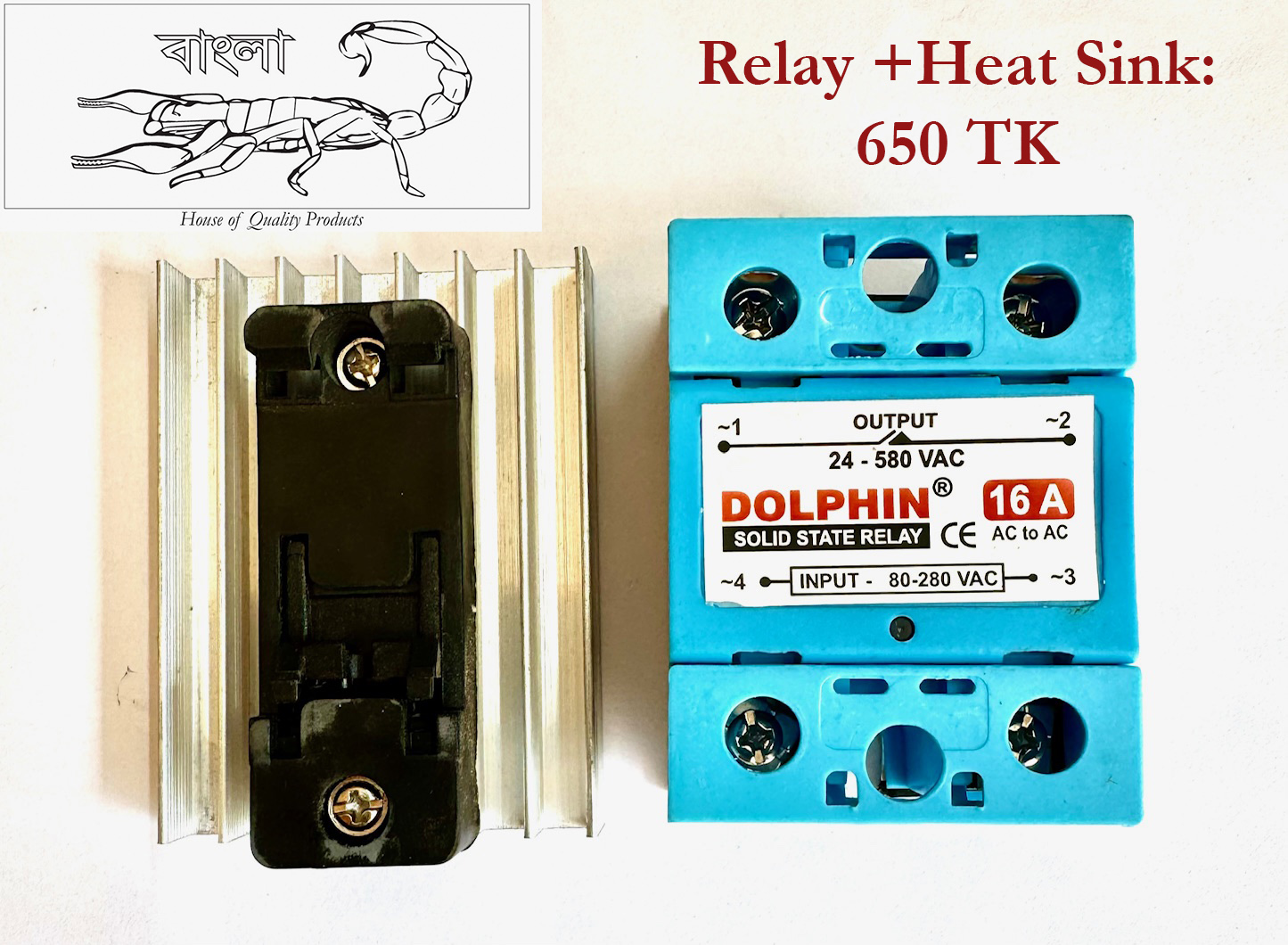 ‘Dolphin’ Industrial Grade Solid State Relay (SSR) 16 A, AC-AC, input Control Signal/voltage AC 80-280V, Output Switching 24-580 V AC. (Made in India). 