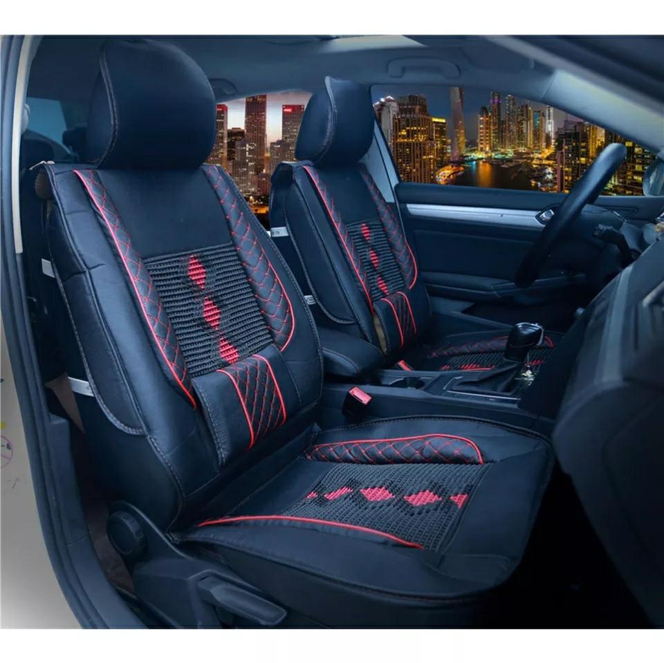 Summer 2 Pc Car Front Seat Cover Cushion Breathable Pu Leather Protector With Waist Support Pad Interior Accessories