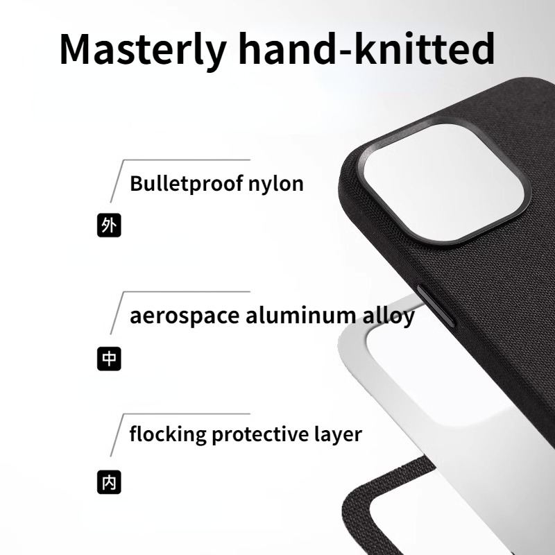 Bulletproof nylon hand-knitted iPhone case, suitable for iPhone 15 Pro Max 14 13 12 Pro, with built-in Magsafe.. 
