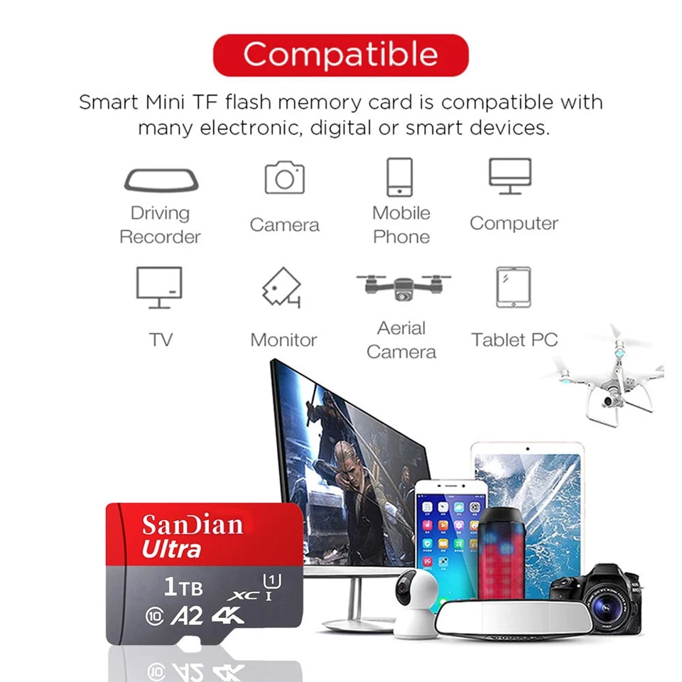 Sandian High Speed 2TB Micro Sd Card Class 10 U1 A2 TF Flash Memory Card For Phone Tablet Flash Card. 