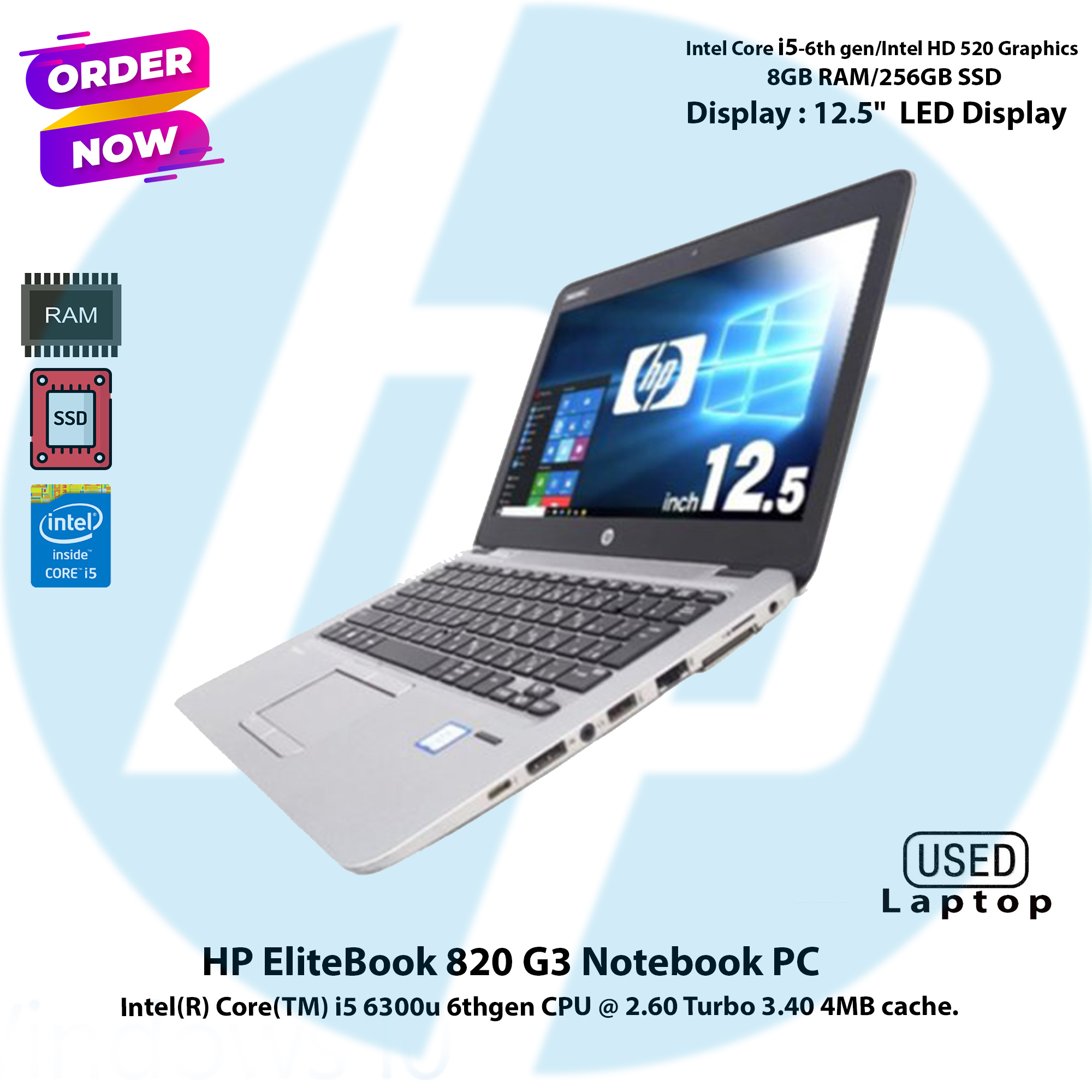 HP EliteBook 820 G3 Intel Core i5 6th Gen,8GB RAM,256GB SSD,12.5"Display Notebook Pc. 