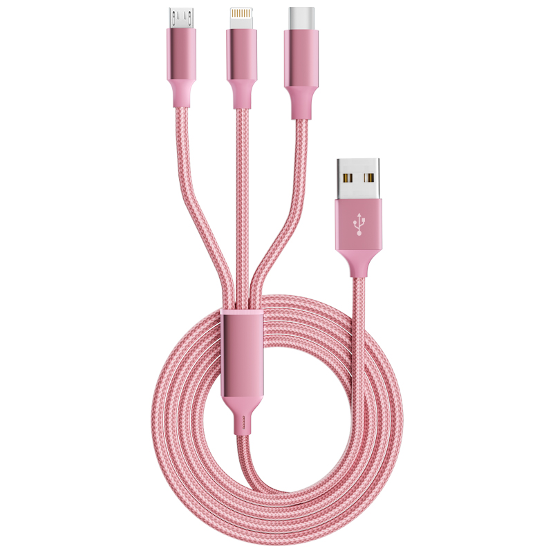 3 In 1 Pink Fast Charging USB cable Type C Usb Micro For Iphone Samsung Huawei Xiaomi Multi Port Multiple Charging Wire Line. 