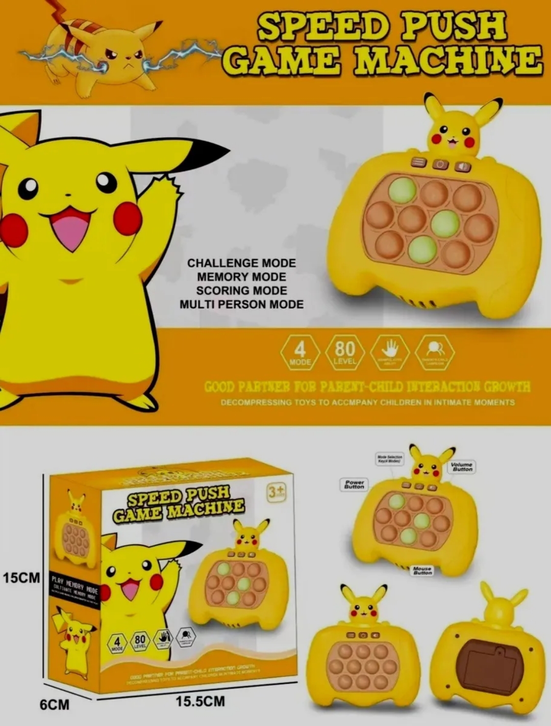 Pikachu Pop Push it Game Controller Sensory Fidget Electronic Speed Push Pokemon toy game. 