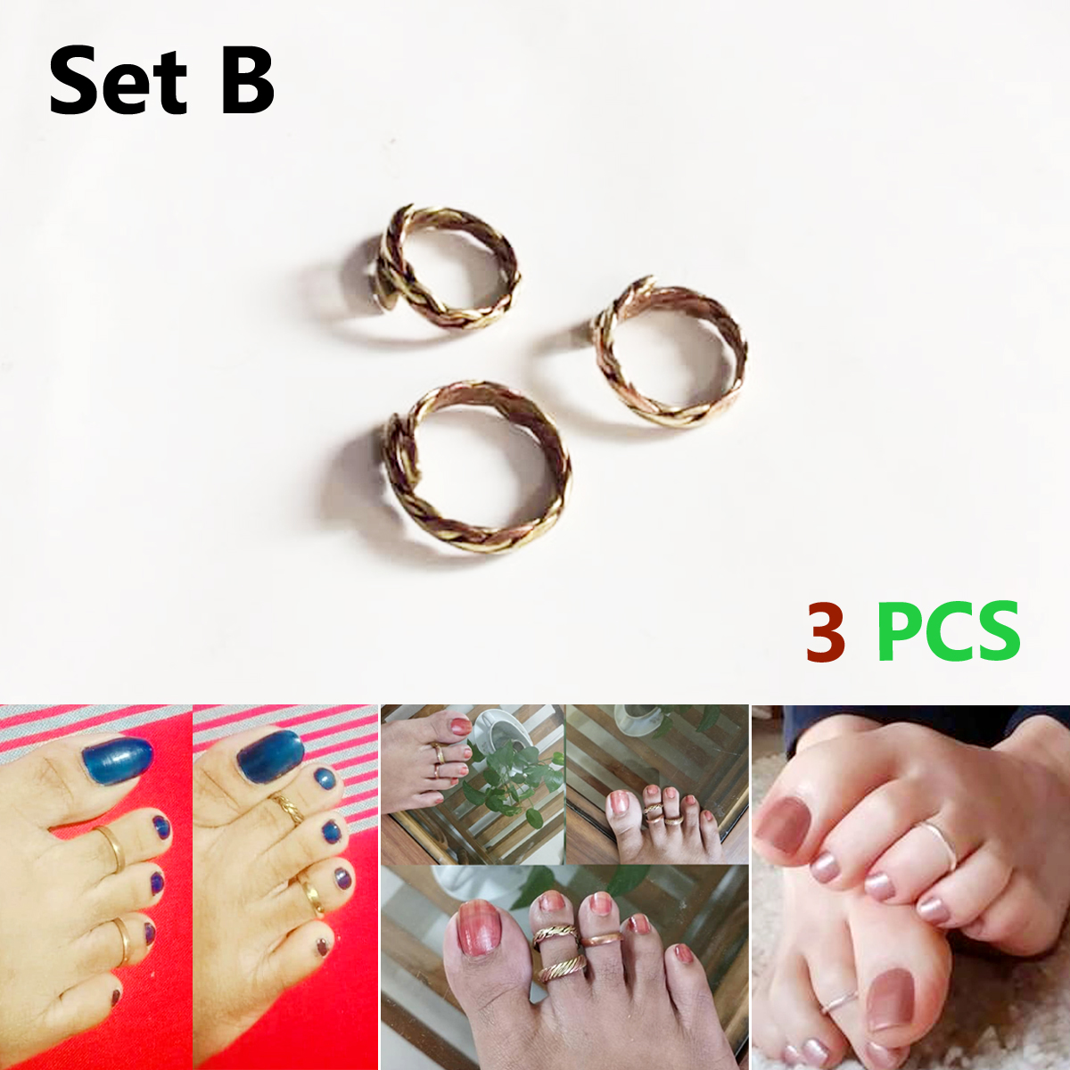Upscale Need - Leg Finger Ring 3 PCS Set B Adjustable for Girls and Women Multicolor - Sensible - Must Have - Designed - Urban Vibes. 