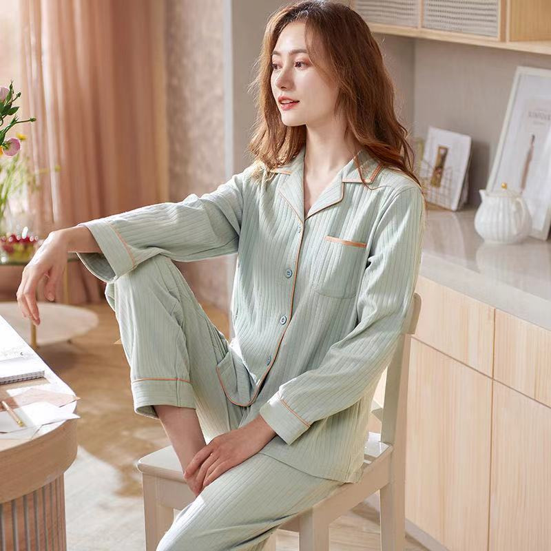 100% cotton pajamas women's spring and autumn style 2024 new long sleeve trousers wear plus size ladies loungewear set