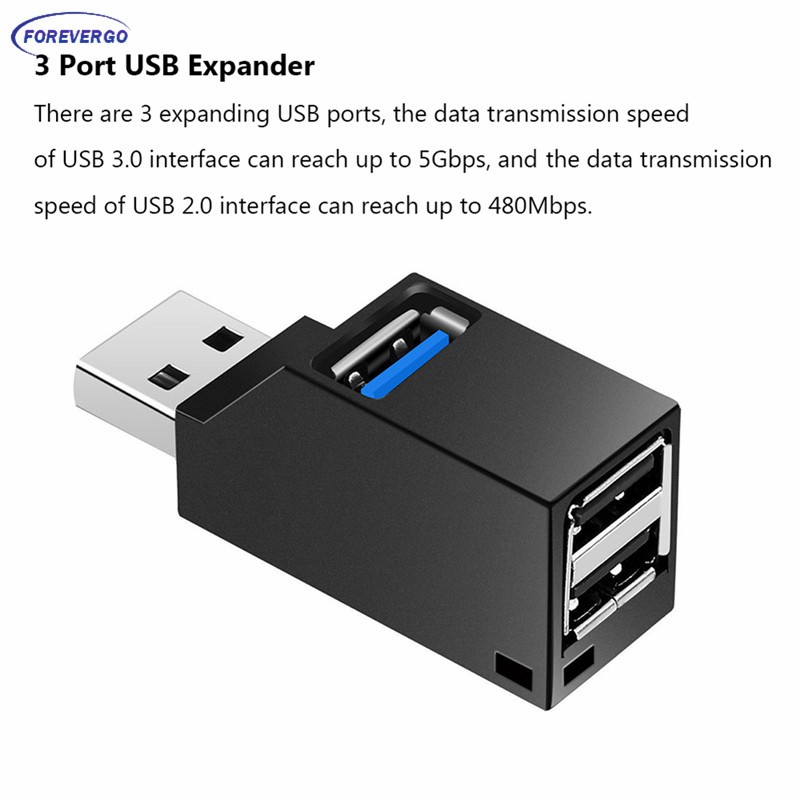 RE 3 Port USB Hub High Speed Splitter Plug and Play Bus Powered Black