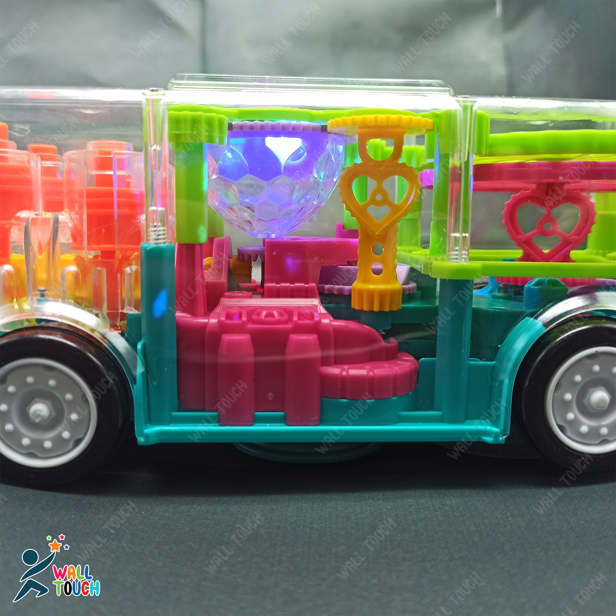 Battery Operated Gear Light Bus Toy with Mechanical Gears Simulation. 