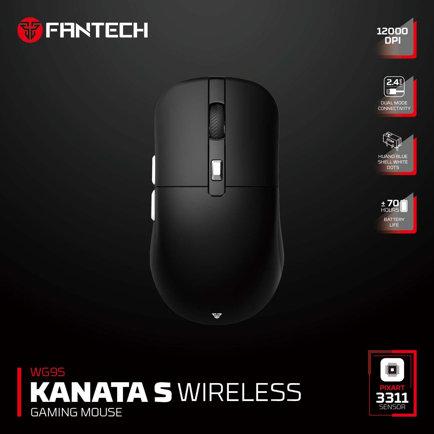 FANTECH WG9S KANATAS Wireless Gaming Mouse PIXART 3311 12000DPI Improved Ultra-Grippy Coating Mouse Macro Button Mice