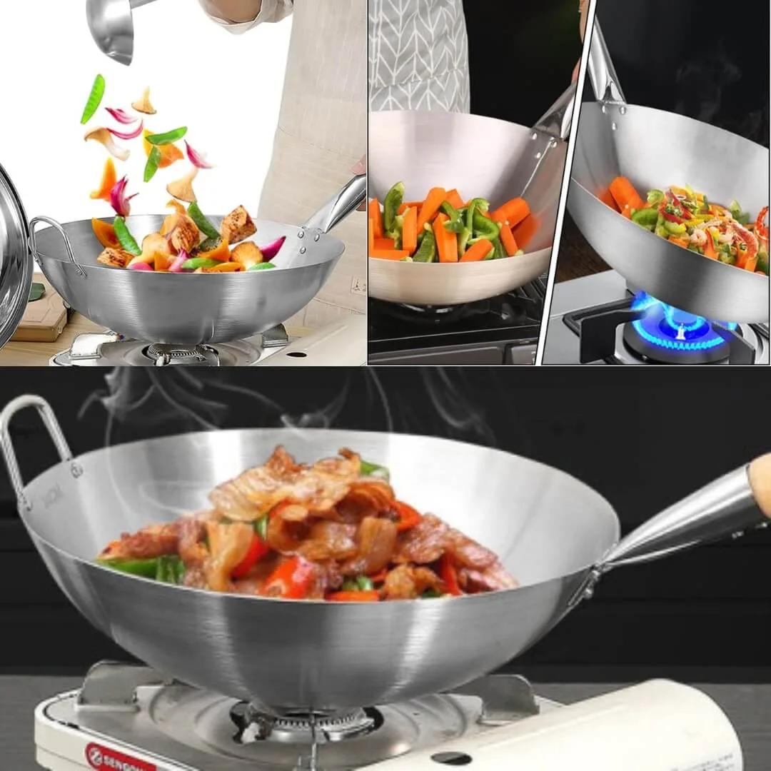 Dr cook pan ss steel wooden handle cooking pan Round Bottom Carbon Steel Wok Pan, Brushed Polished,Beech Anti-Scald Handle,Kitchen Cookware for Gas Stoves. 
