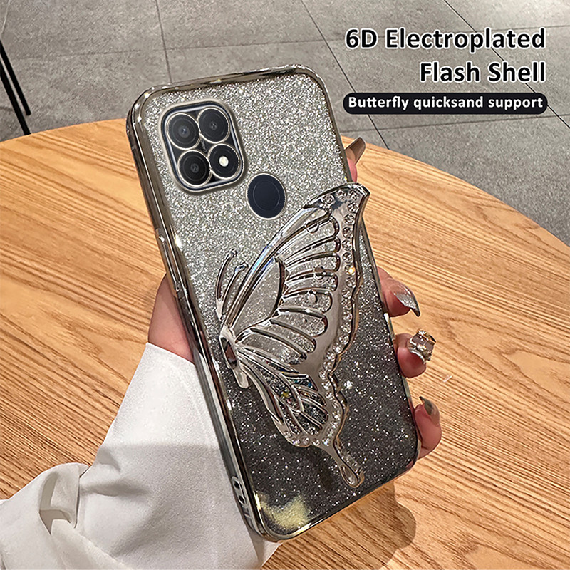 For OPPO A15s A15 Stereoscopic case Back cover Quicksand Drilling Butterfly Holder Phone Case Transparent Silicone