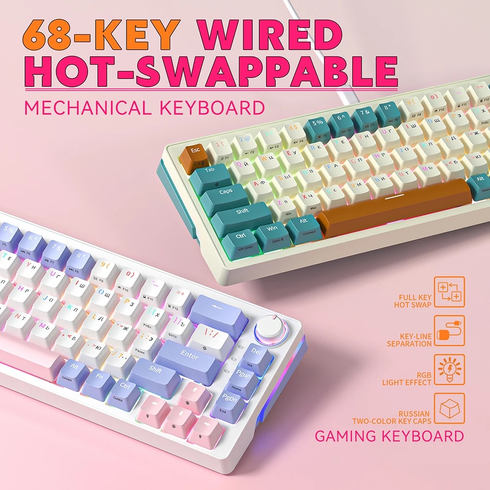 ZA68 Mini Gaming Mechanical Keyboard Wired Computer Keyboard RGB Backlit Knob light control Hot swappable 68 KeyS TYPE-C