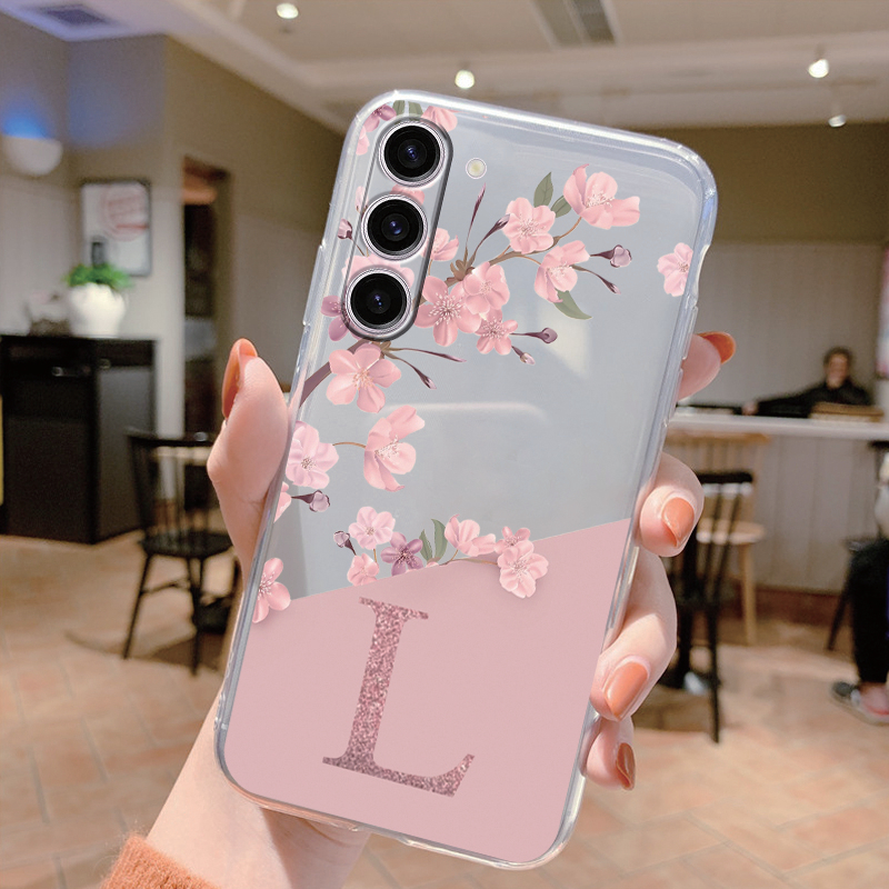 For Samsung Galaxy A25 5G A14 A24 4G A34 A54 A15 Phone Case GalaxyA25 Cover Letter Pink Flowers Clear Soft TPU Fundas A 25 Shell