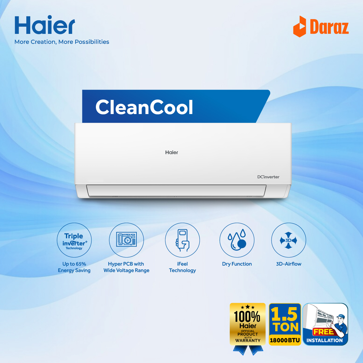 Haier 1.5 Ton CleanCool Inverter AC HSU-18CleanCool:(INV)(3DF)(QA)]. 