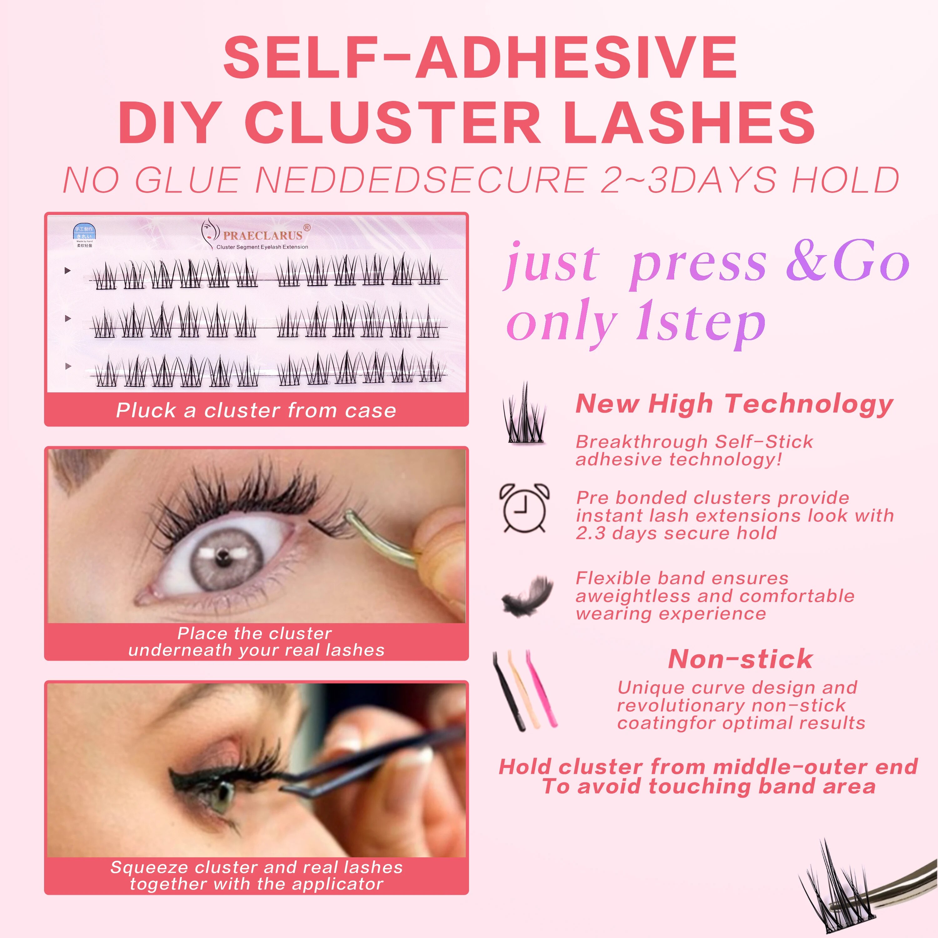 [No Need Glue]PRAECLARUS Crown Pre-Bond Technology No Glue Needed DIY Eyelash Self Adhesive Realistic Eyelash Reusable Natural. 