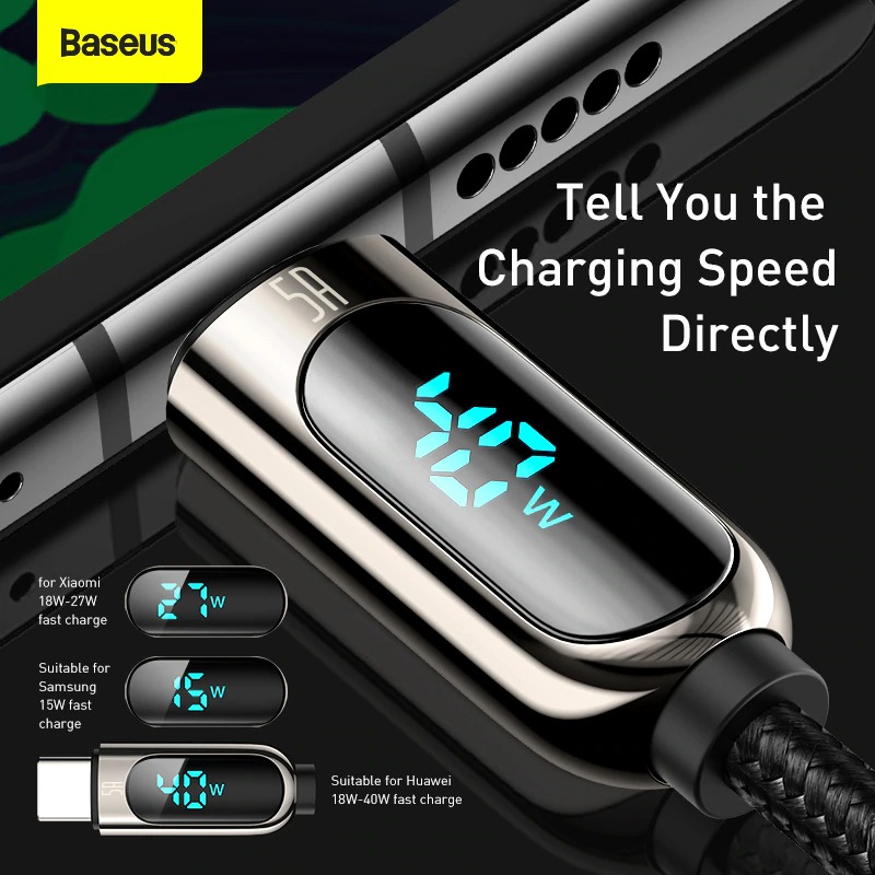 Baseus LED Display USB Type C Cable For Xiaomi Huawei Samsung 5A Fast Charging Charger USBC USB-C Date Cable Type-C Wire Cord. 