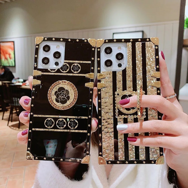 iPhone 12 pro max Luxury soft phone case with golden ghost flower ring for iPhone, compatible models. 