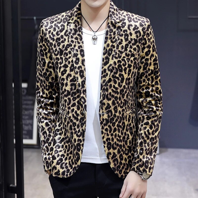 High Quality Blazer Men's Leopard Print Elegant Fashion Party Shopping Premium Simple Business Casual Gentleman Slim Fit Jacket