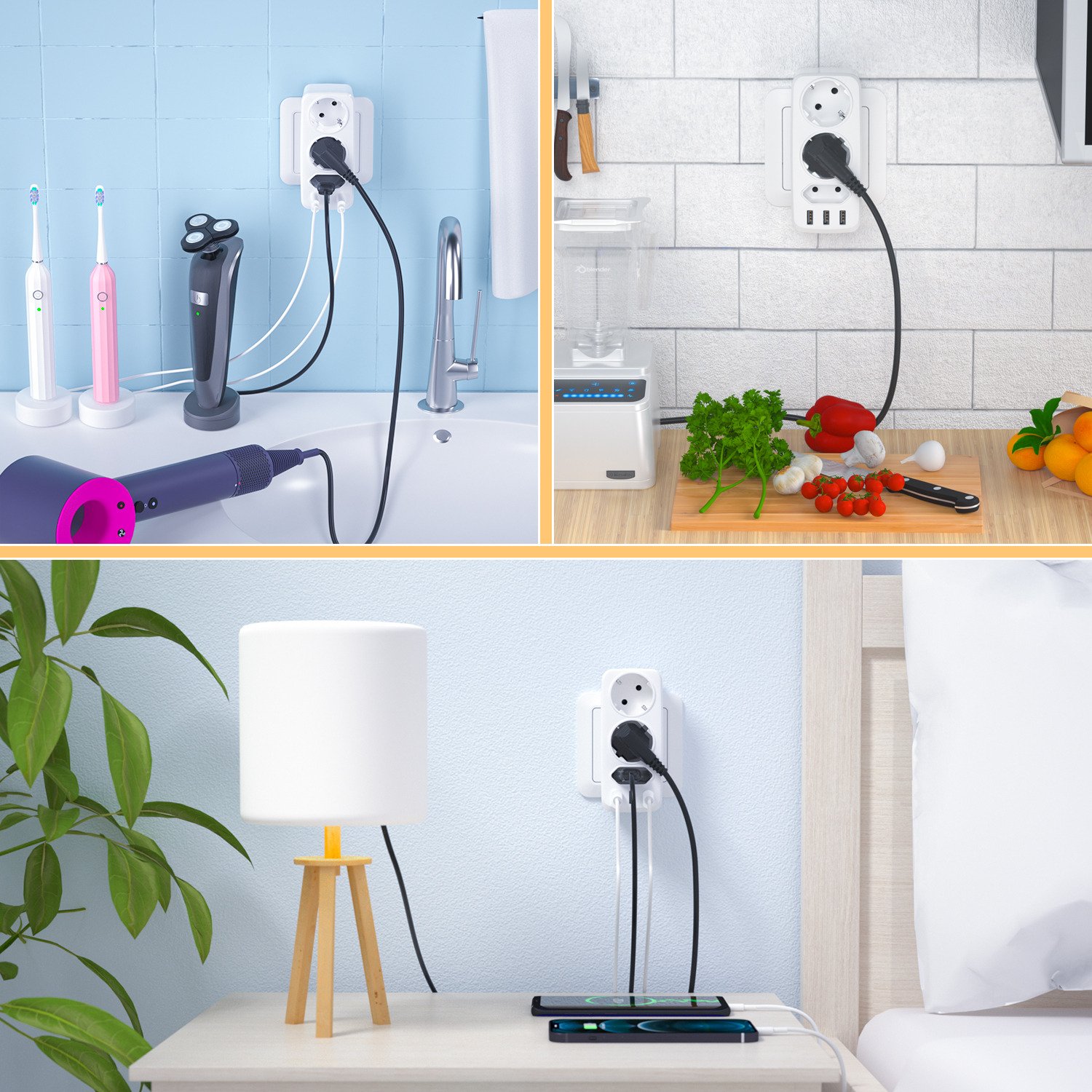 LENCENT USB Wall Charger Socket Adapter 6 in 1 Multi-Plug, Triple Multi-Plug, 3-Way Multi-Socket, Double 4000W Schuko and 1 Bangladesh Multi-Socket with 3 USB Charger Plugs for Mobile Phones. 