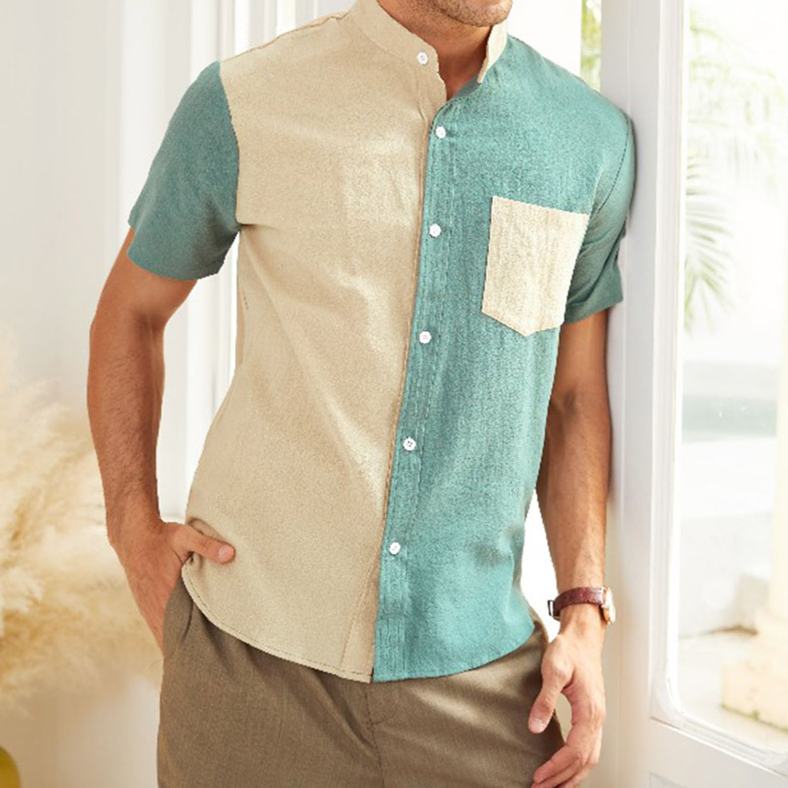 Men Shirt Contrast Colors Close-fitting 