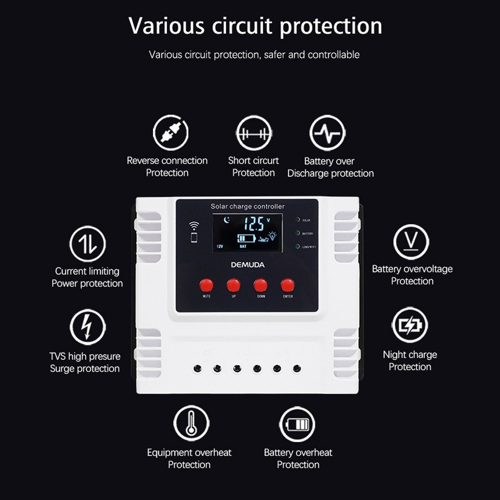 PWM Intelligent Solar Charges Controller Mobilephone App Control Real-time Data Monitoring Device LED Display 12V/24V Controllers for Leadacid Ternary Lithium and Lithium-iron Batteries-06. 