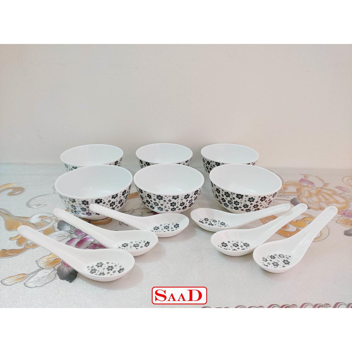 Sada Kalo Melamine Soup Bowl With Spoon 12 Pcs Set (4.5 Inch). Dishwasher Save.Microwave oven save.