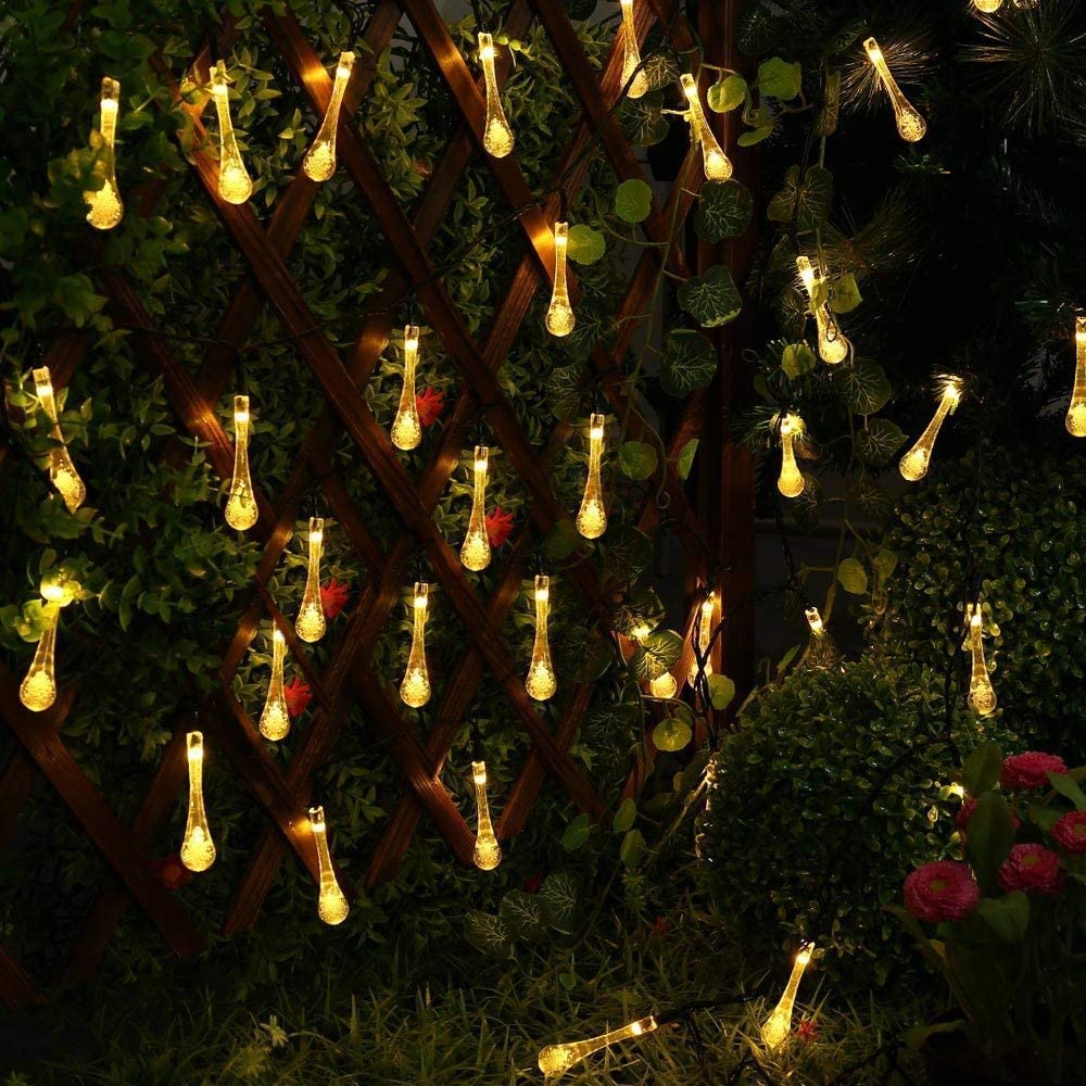 Solar Festoon LED Outdoor String Lights LED Teardrop Lights Waterproof 8 Modes Multicolor Water String Lights for Gardens Party--WARM WHITE--12M-100LED. 