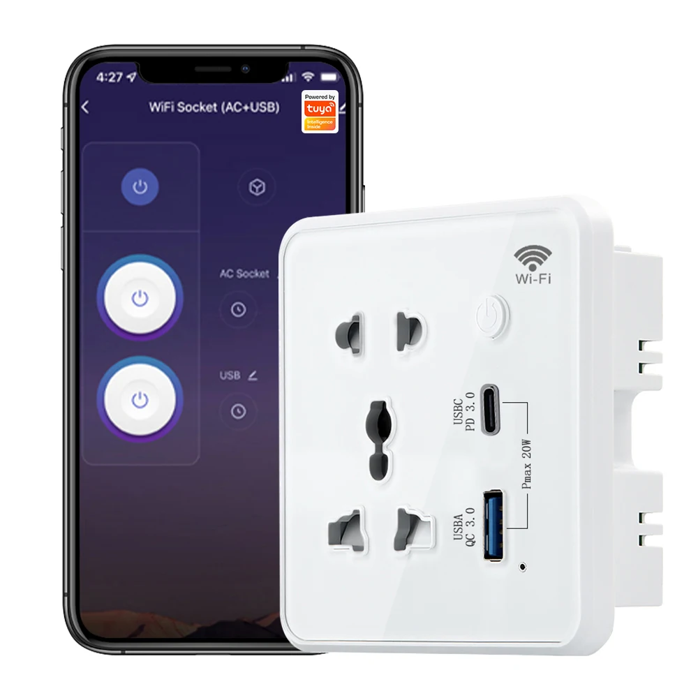 Tuya Smart Multiplug Wall Socket with USB Quick Charging. 