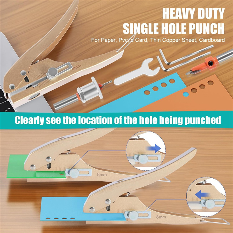 Single Hole Punch Heavy Duty Hole Puncher Edge Banding Punching Plier with Scale for Paper Cards Plastic Cardboard Easy to Use. 