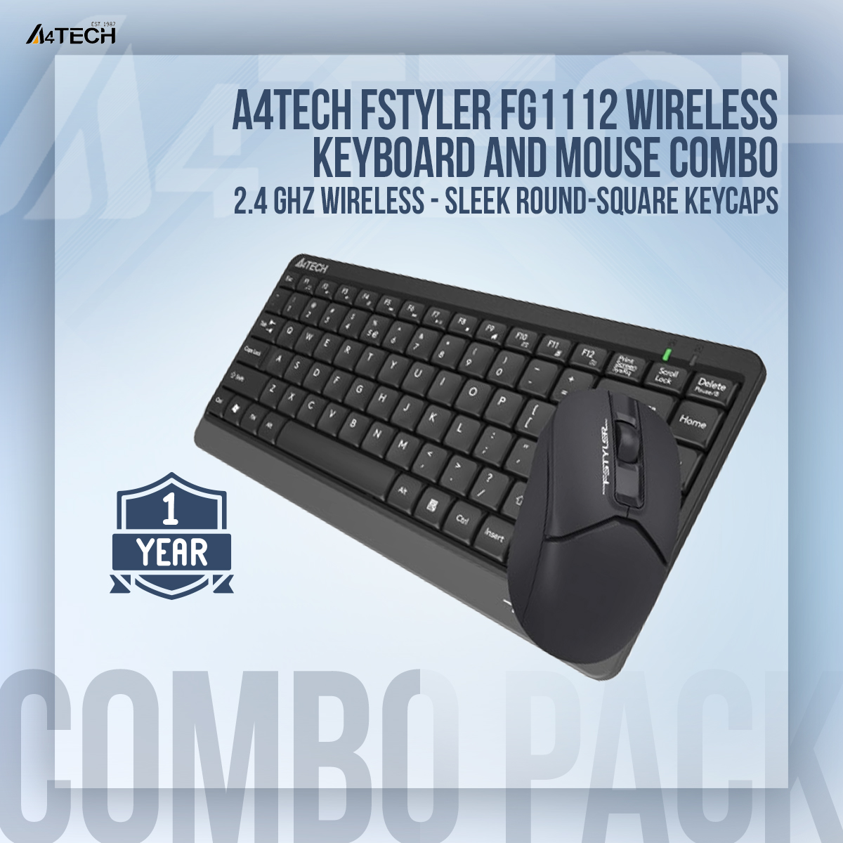 A4TECH Fstyler FG1112 Wireless Keyboard And Mouse Combo - 2.4 GHz Wireless - Sleek Round-Square Keycaps - 1200 DPI - Black