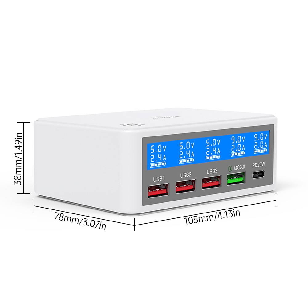 Multiple USB Charger 65W 5-Port USB Charging Stations with LCD Display PD 20W + QC3.0 Fast Charger Multi-Port USB Hub Charger for Smart Phones Tablet Earphone and More-eu. 